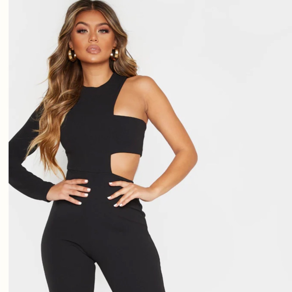 PrettyLittleThing Black Cut-Out One-Shoulder Jumpsuit